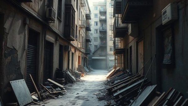 Gaza Stabilization Force urban street with debris in sunlight.