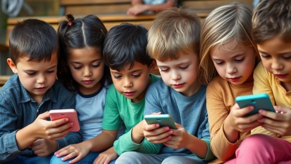 Children engaged with phones outdoors, digital detox camps context.