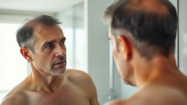 Middle-aged man examining hair loss in mirror, finasteride mental health.