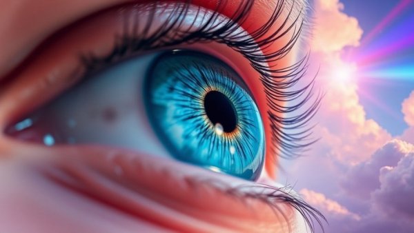 Vibrant surreal image of a large blue eye in colorful clouds.