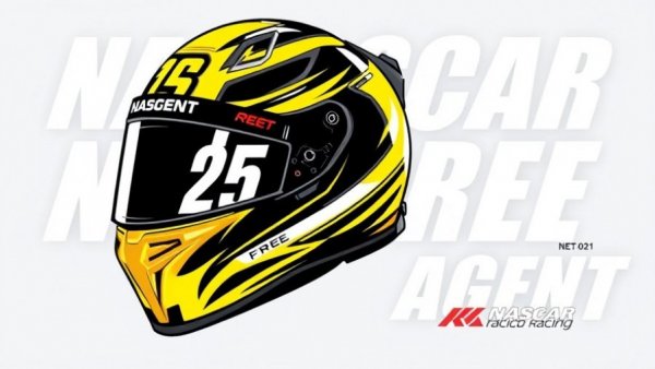 Illustration for NASCAR Free Agent Program 2026 with helmet and bold text.