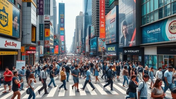 Urban street scene with a bustling crowd, symbolic of cities now home to nearly half of humanity.