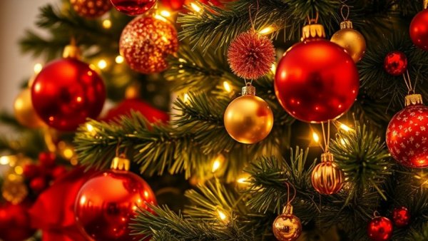 Festive Christmas tree with colorful baubles; avoiding Christmas burnout.