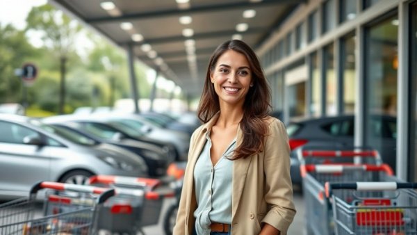 Stylish woman smiling outside Lidl store, Belgium setting.