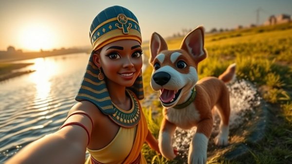 Meta's Vibes AI feed showing diverse scenes of an Egyptian princess, plush toys, and a playful dog.