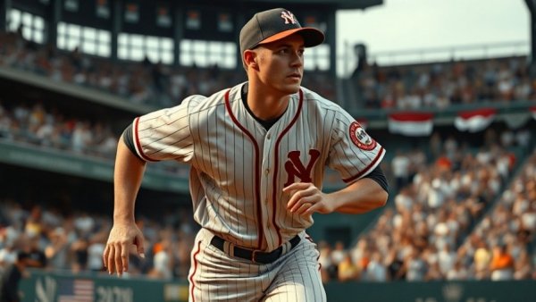 Baseball player in vintage uniform running bases during game.