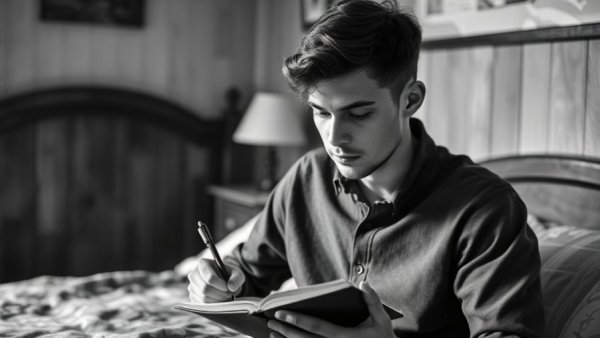 Young man writing in notebook, pondering Finding Meaning in Life.