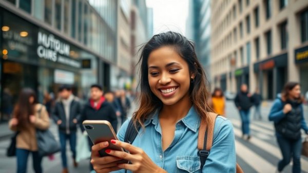 Smiling woman using smartphone on a city street with refurbished electronics.