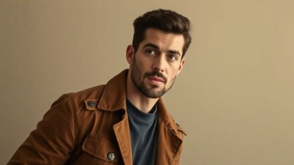 Stylish man in brown jacket leaning inquisitively indoors for Sicko Leave Request.