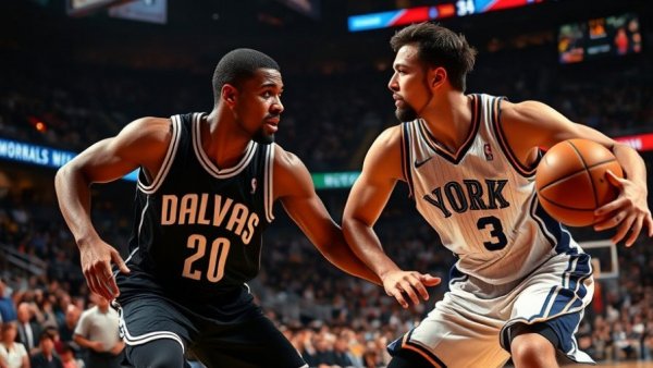 Intense NBA game scene with Dallas and New York players, lively crowd.