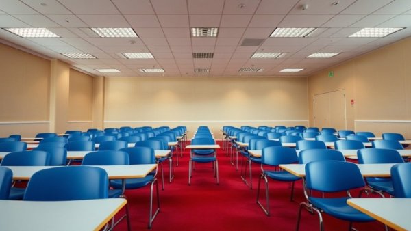 Empty classroom with rows of blue chairs and white desks, no students.
