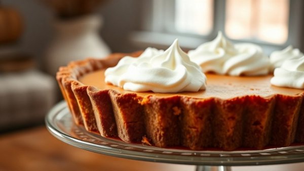 Rustic healthy pumpkin pie recipe on a glass stand.