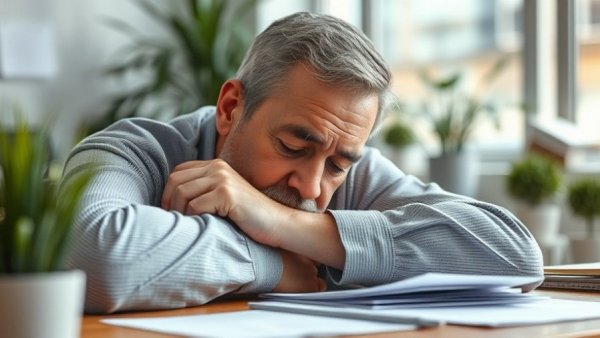 Tired man at desk debating work-life balance.
