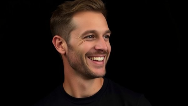 Portrait of a smiling man associated with Jeff Orkin AI in F.E.A.R., dark background.