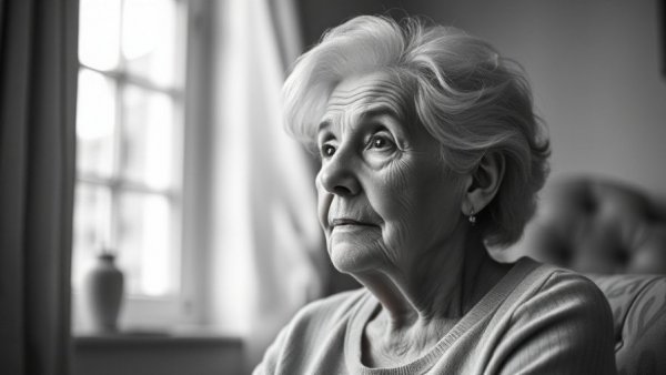 Elderly woman facing a window, illustrating elder care challenges.