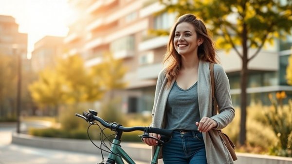 Smiling woman with bicycle in urban park, highlighting zero tax on company bicycle.