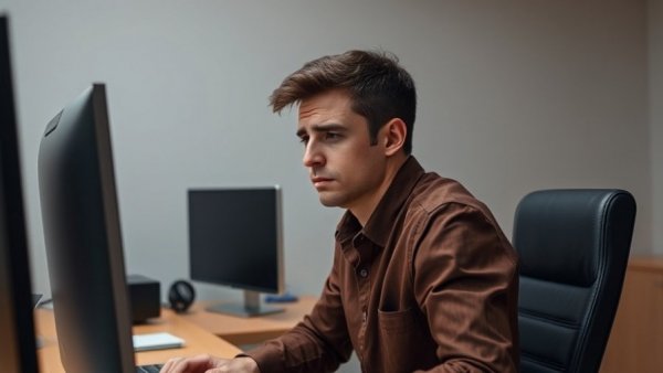 Young man experiencing digital fatigue at a desk, exploring solutions.