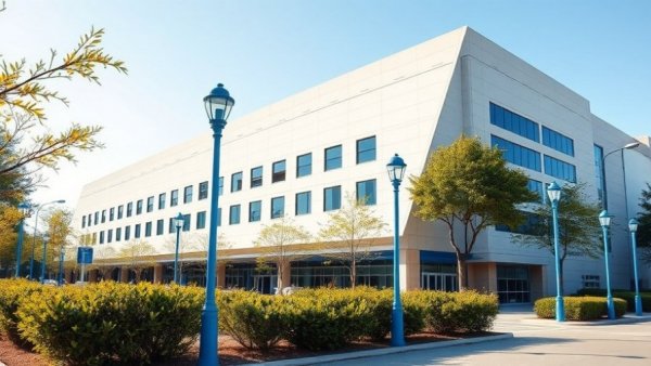 Contemporary Lenoir Hospital building with blue lamp posts and shrubs.