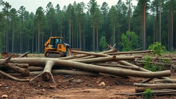 Deforestation impacts related to COP30 climate agreements, bulldozer clearing a forest area.