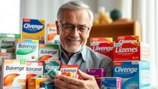 Variety of throat lozenges for seniors with smiling older man.