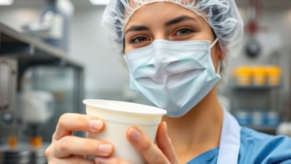 Smiling worker in hygiene gear holds yogurt cup, showcasing clean facility.