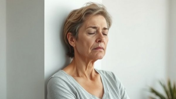 Middle-aged woman experiencing end of year burnout, leaning against a wall.
