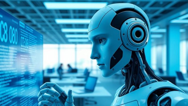 Futuristic robot in office, AI job automation concept.