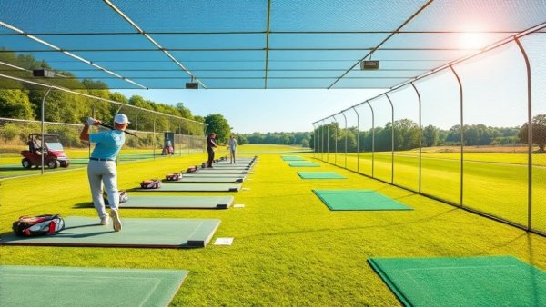 Golfers improving their game on a sunny driving range.