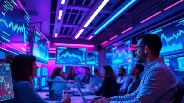 Team analyzing cryptocurrency data for stablecoin payroll integration in futuristic office.