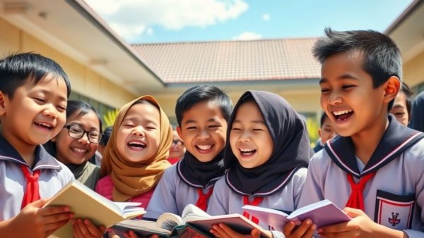 Indonesian schoolchildren reading and laughing, promoting Anti-Bullying Laws in Indonesia.