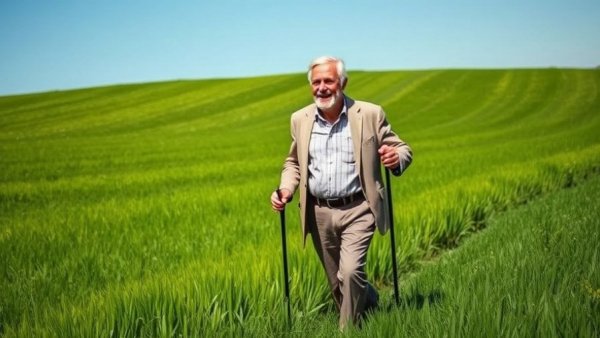 Older man walking with poles in nature, promoting Alzheimer's prevention.