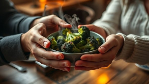 Sharing a bowl of steaming broccoli at the table, promoting daily gratitude practices.