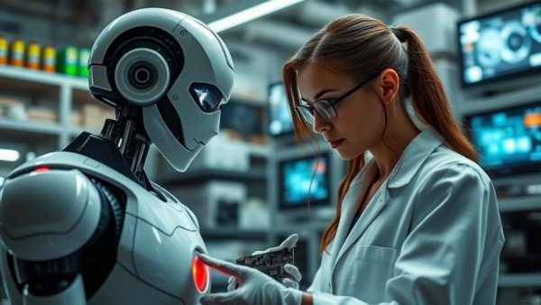 AI collaboration in the workplace: Scientist and robot working together in a lab.