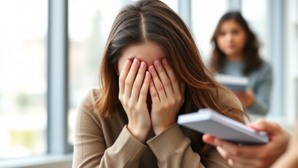 Distressed woman in therapy session, reflecting psychotherapy effectiveness.
