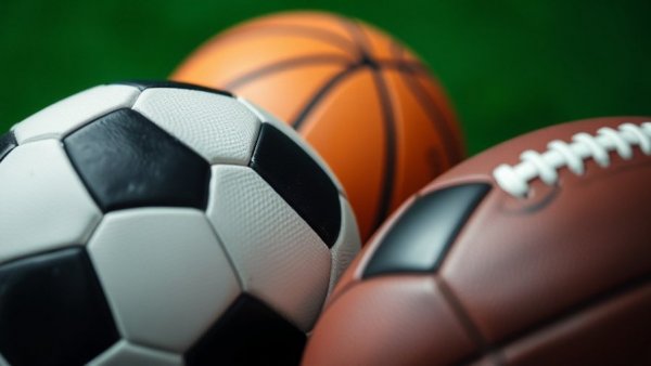 Close-up of basketball, soccer ball, and football for high school sports highlights.