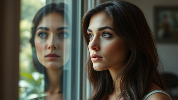 Reflective woman gazing through a window in a serene setting.