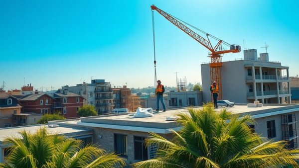 Rooftop insulation benefits with crane and workers, urban scene.