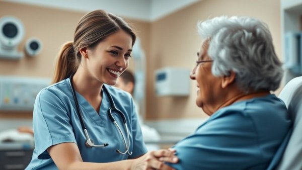 Palliative care insights depicted with nurse and patient interaction.