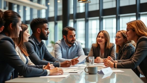 Team navigating workplace challenges in an office setting.