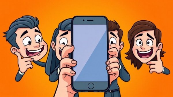 Cartoon on flip the camera trend and cyberbullying with playful characters.