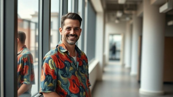 Man in vibrant shirt leaning and smiling, office background; concept of preventing insider cybersecurity threats.
