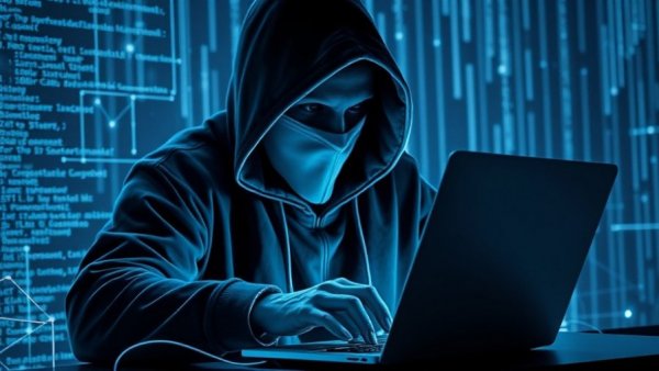 Hooded figure in cybercrime scene with digital networks, illustrating cyber crime cases involving kids.