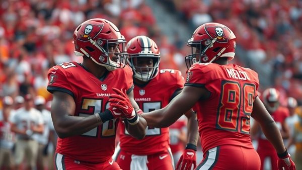 Tampa Bay Buccaneers players during game with stadium background.