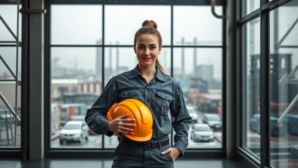 Sustainability in the steel industry focus - woman in uniform holding helmet.