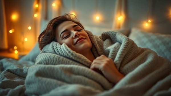 Tips tegen een winterdipje: vrouw ontspannen in deken omringd door zachte verlichting.