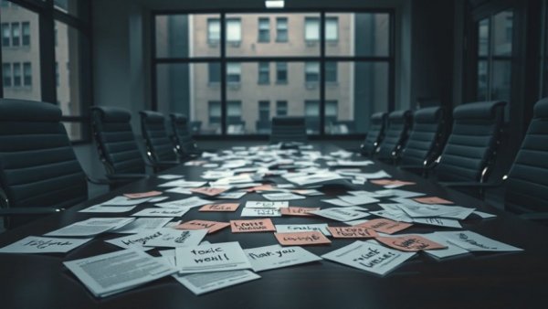 Blurred text highlights workplace toxicity issues.