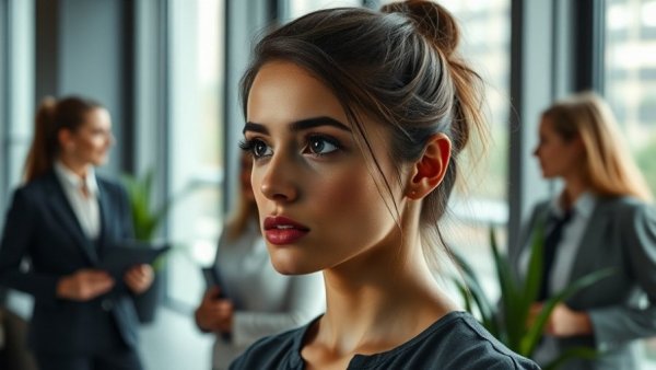 Professional woman looking concerned while colleagues converse in office. Stop workplace bullying.