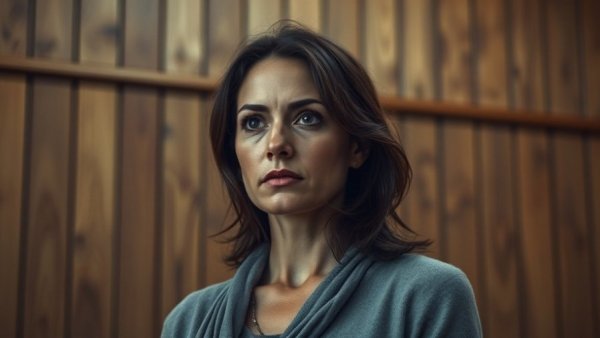 Contemplative woman in red shirt reflecting philosophical inquiry