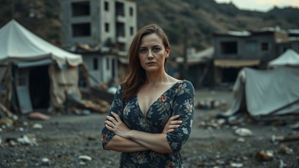 Somber woman in Gaza standing among ruins, highlighting aid access.