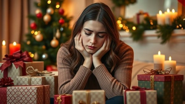 Stressed woman surrounded by gifts, showcasing holiday burnout.